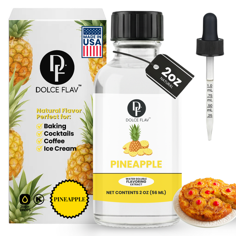 Dolce Flav pineapple flavoring extract with packaging, dropper, and pineapple cake.