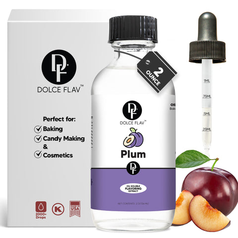 Dolceflav Plum flavor extract with plum fruit beside the bottle