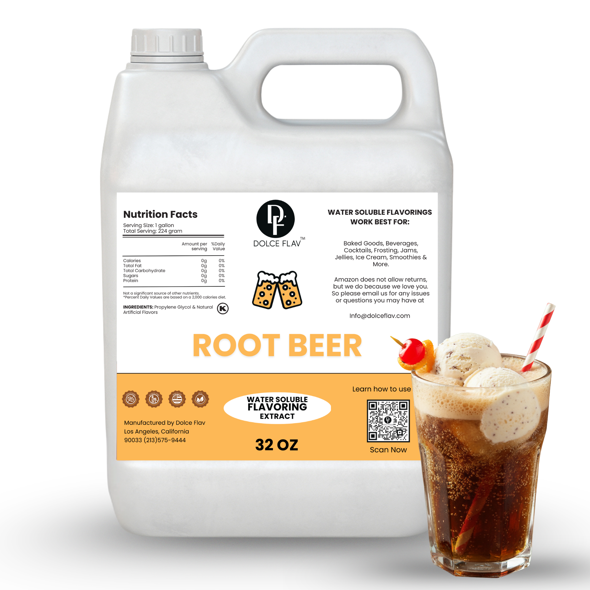 Dolce Flav root beer flavor extract container with a glass of root beer on a white background