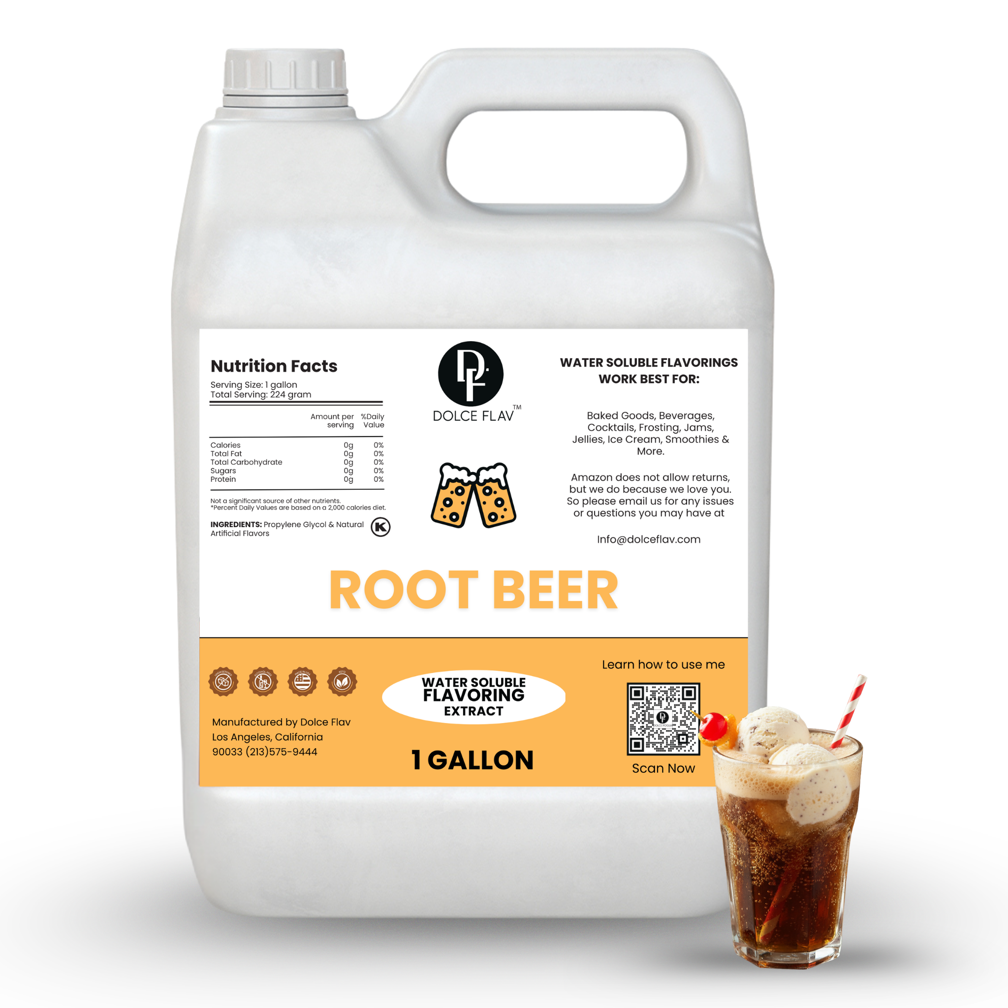 Dolce Flav root beer flavor extract container with a glass of root beer and ice cream on a white background