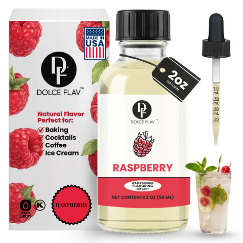 Dolce Flav raspberry flavor extract bottle with packaging and a cocktail illustration.