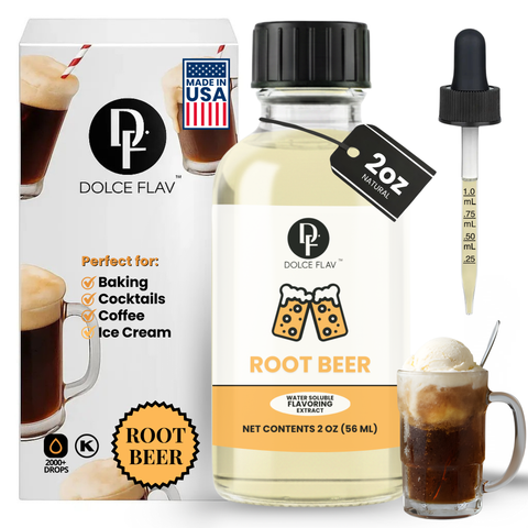 Dolce Flav root beer flavor extract with packaging, dropper, and a glass of root beer.