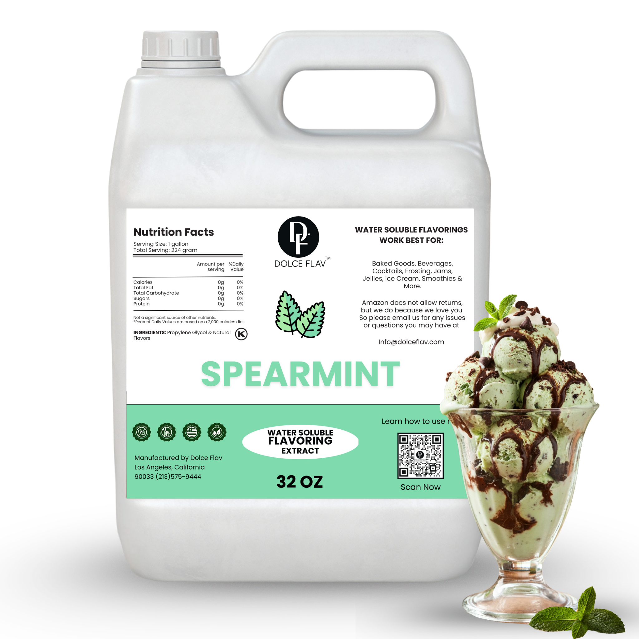Spearmint flavoring extract container with a glass of ice cream on a white background
