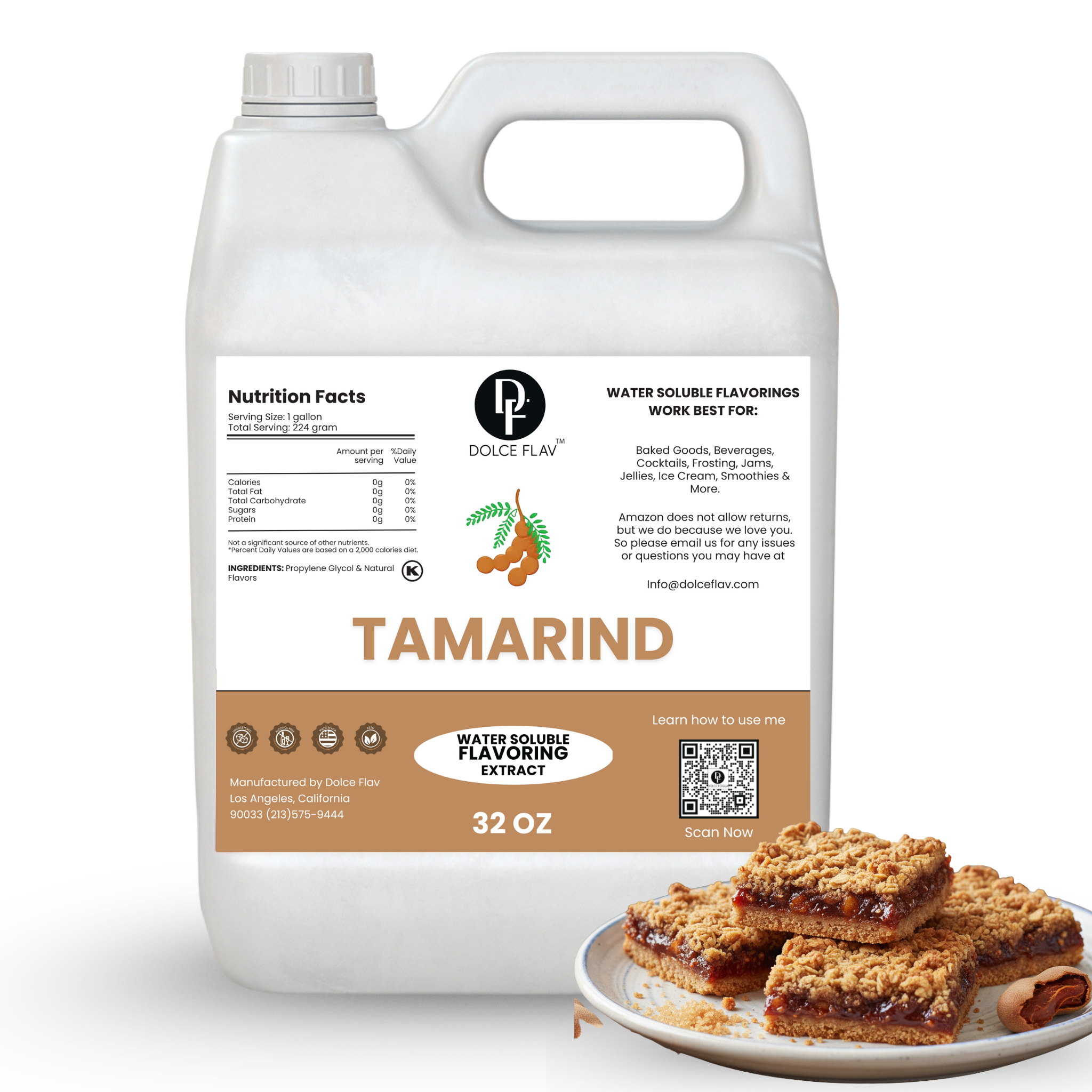 Dolce Flav tamarind flavoring extract container with a plate of cookie bars on a white background