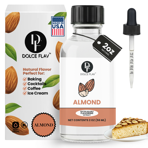 Dolce Flav almond extract bottle with packaging and a piece of cake.