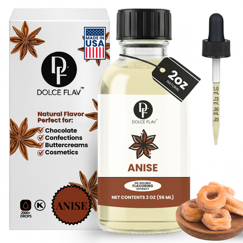 Dolce Flav anise flavoring extract bottle with packaging and donuts on a white background