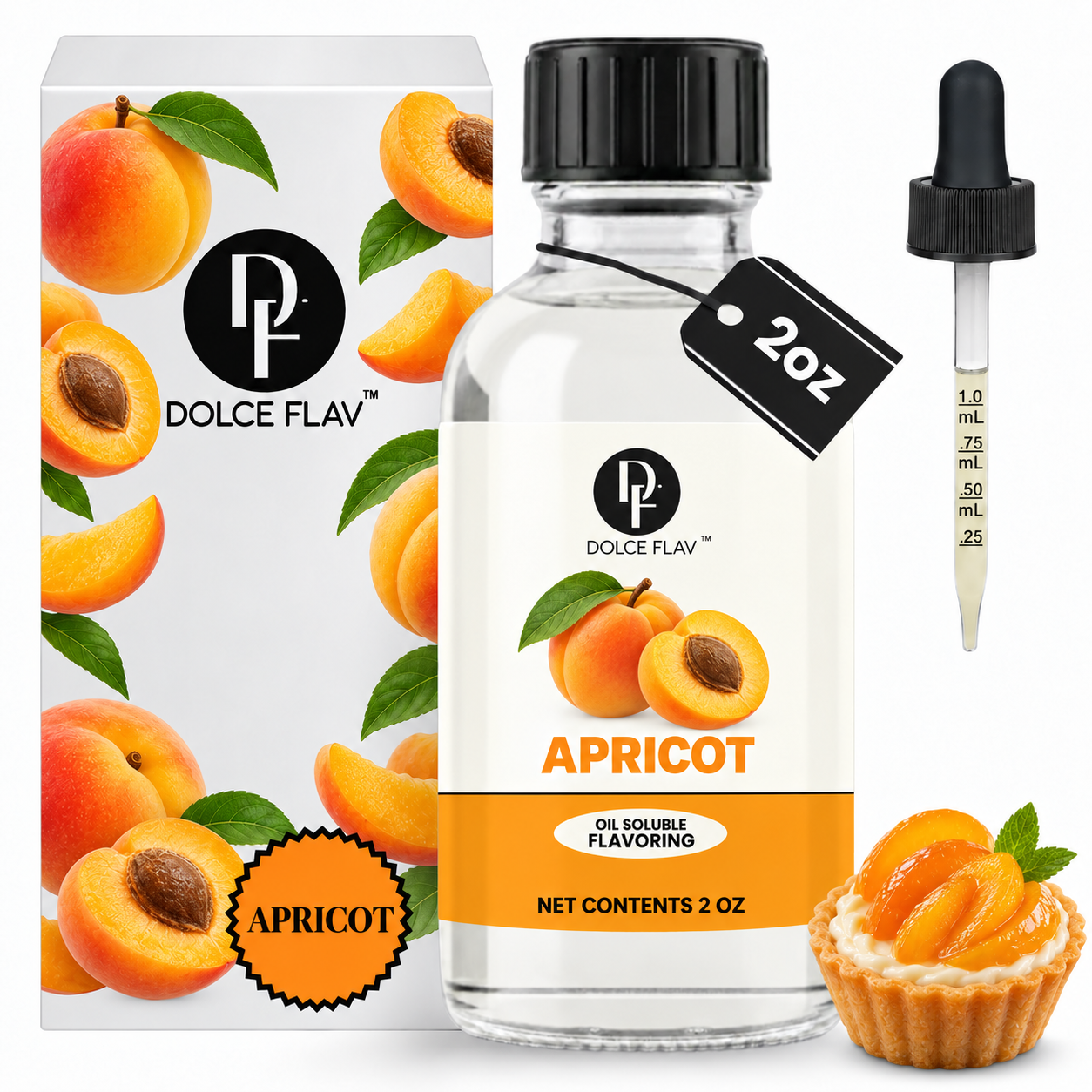 Dolce Flav Apricot Flavoring oil-soluble 2 oz bottle with illustrated carton and dropper