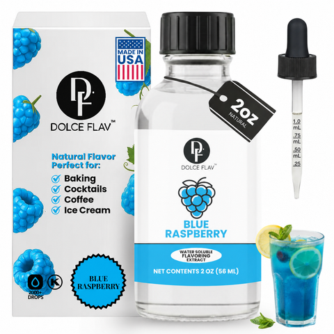 Dolce Flav Natural Blue Raspberry Extract, 2 oz water-soluble bottle with matching carton, measured dropper and blue raspberry drink.