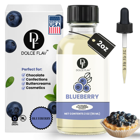 Dolce Flav blueberry flavoring extract with packaging, dropper, and blueberries on a white background