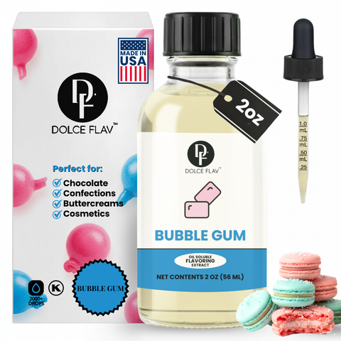 Dolce Flav bubble gum flavoring extract bottle with packaging and macarons on a white background