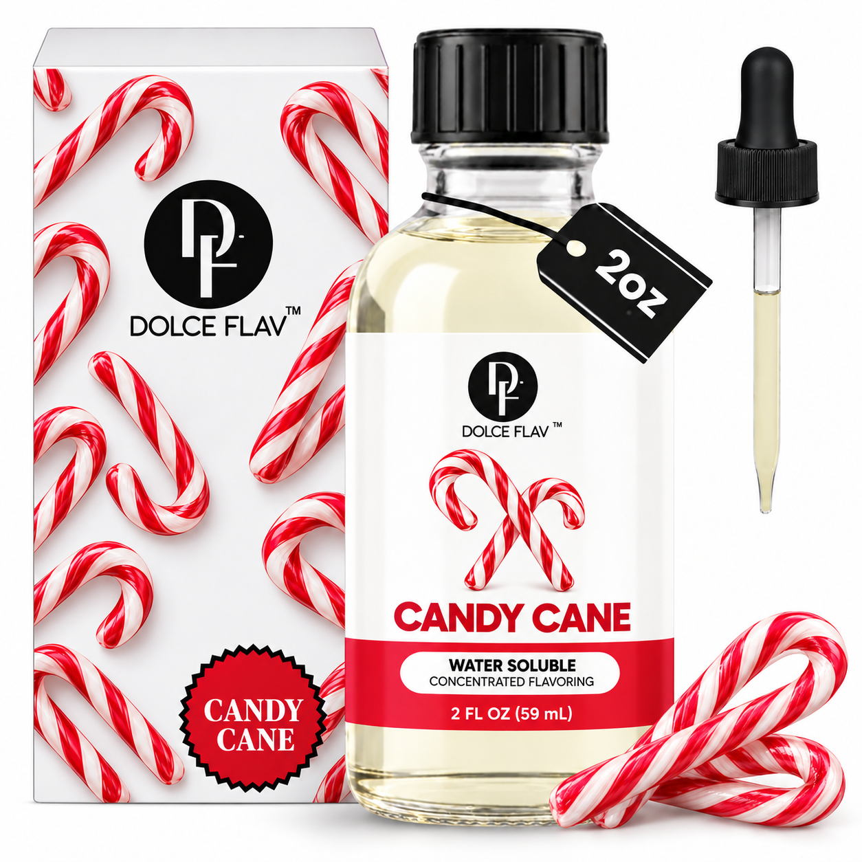 Dolce Flav Candy Cane bottle with Dolce box dropper and candy canes on white