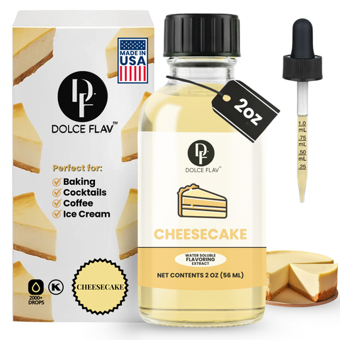 Dolce Flav cheesecake flavoring bottle with packaging and dropper on a white background