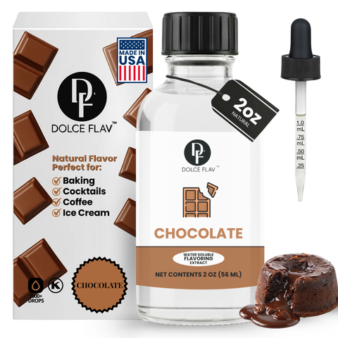 Chocolate flavor extract bottle with packaging and dropper on a white background