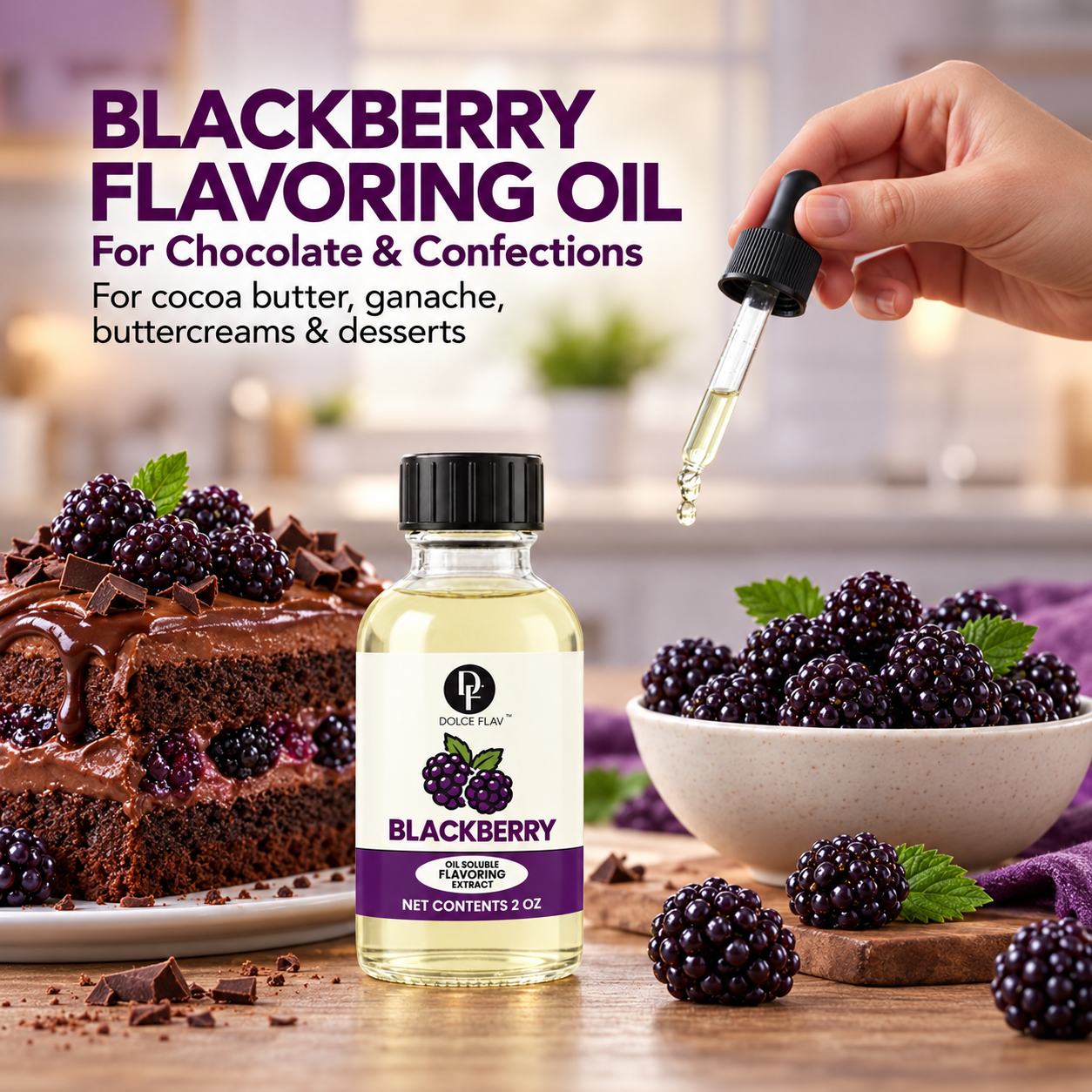 Dolce Flav oil-soluble blackberry flavoring — bottle in a kitchen dessert scene.