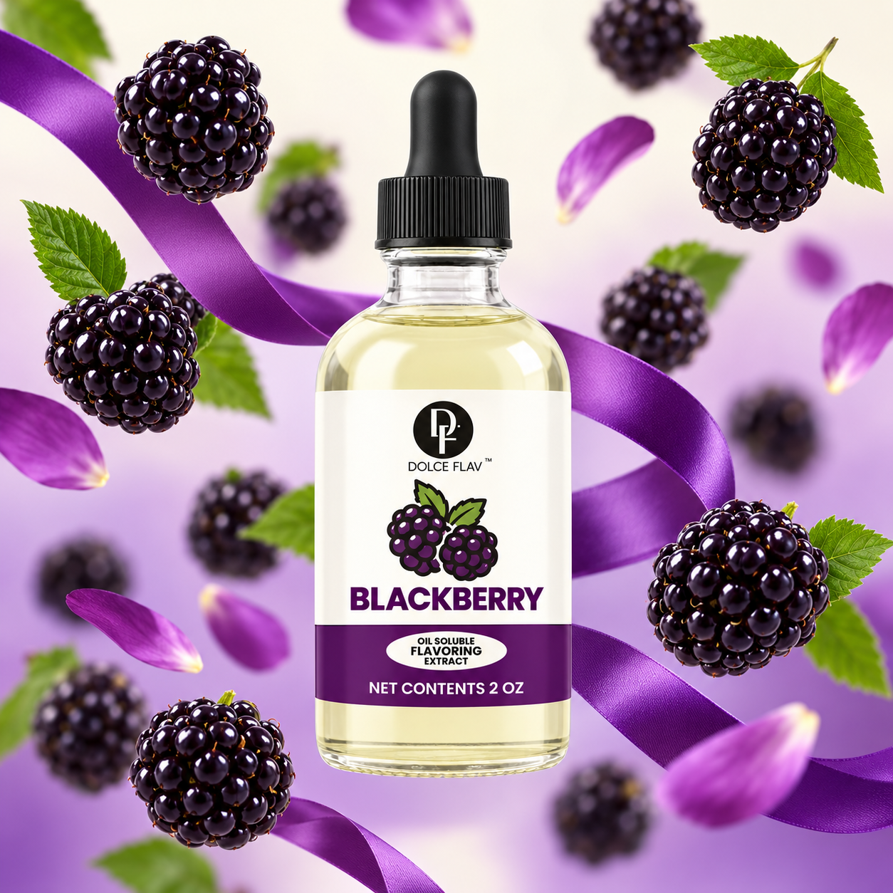 Dolce Flav oil-soluble blackberry flavoring — 2 oz bottle in a flavor-themed product display.