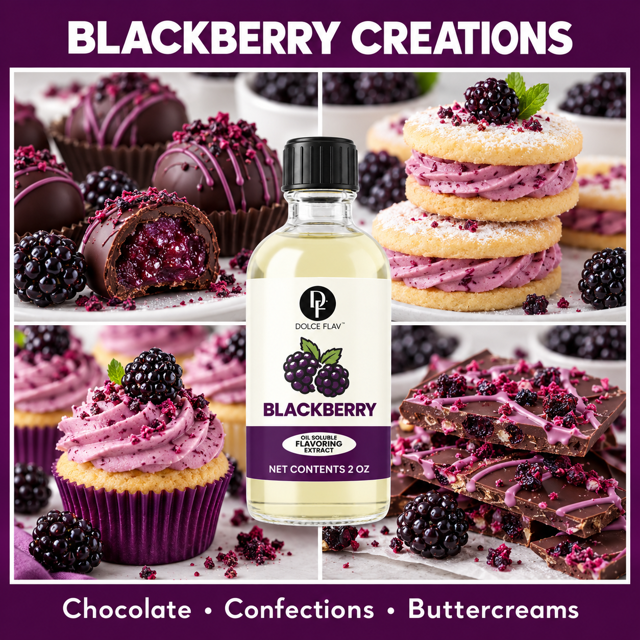 Dolce Flav oil-soluble blackberry flavoring — bottle with chocolate and confectionery application ideas.