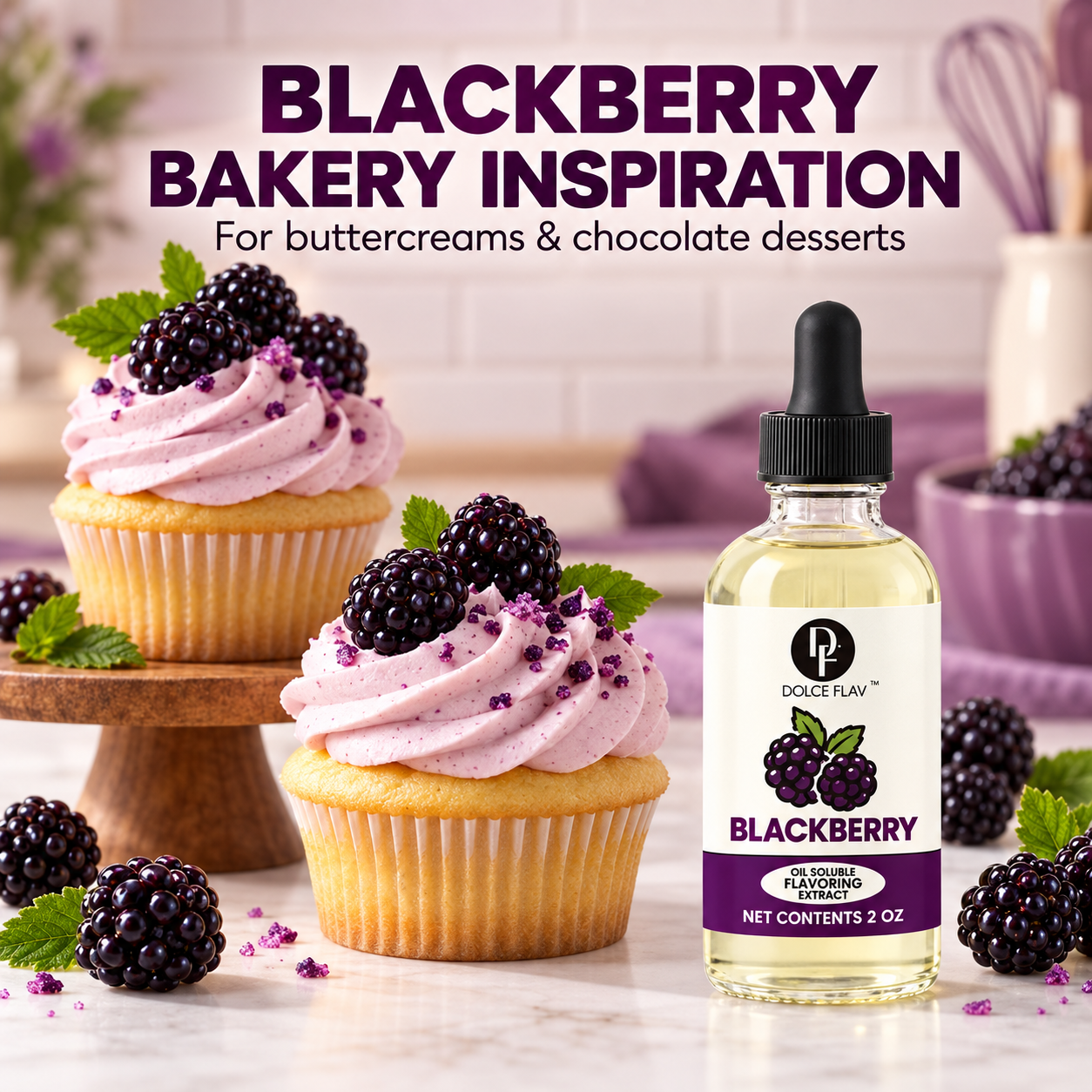 Dolce Flav oil-soluble blackberry flavoring — bottle with bakery dessert inspiration.