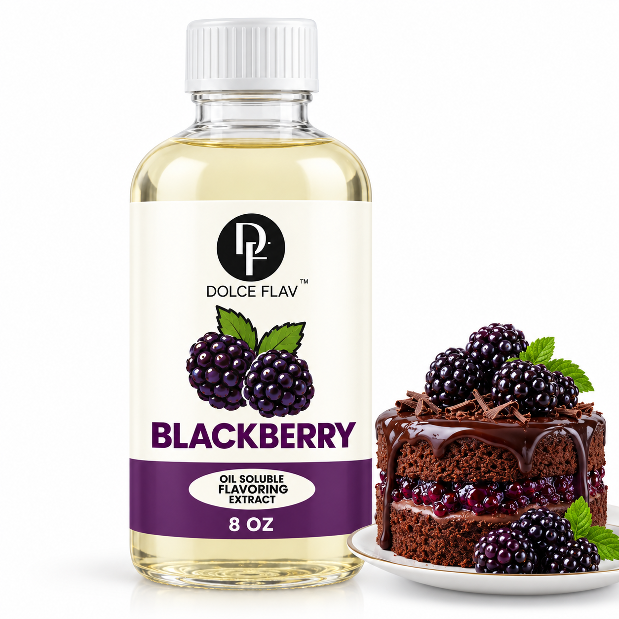 Dolce Flav oil-soluble blackberry flavoring — 8 oz container with dessert.