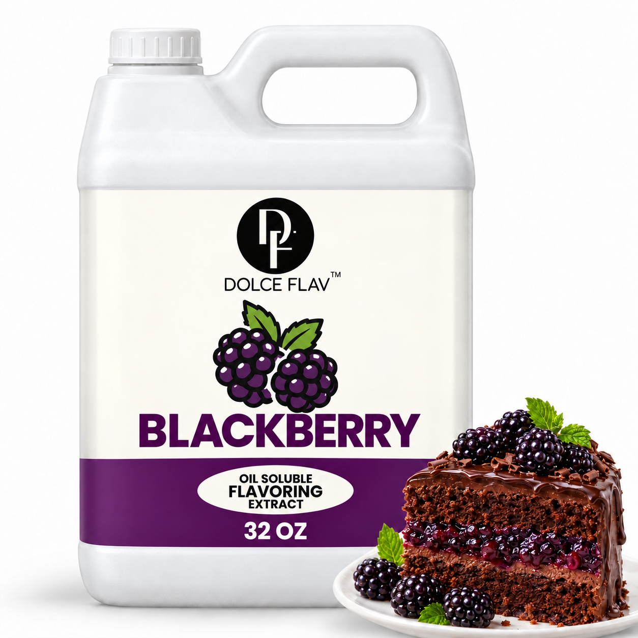 Dolce Flav oil-soluble blackberry flavoring — 32 oz container with dessert.