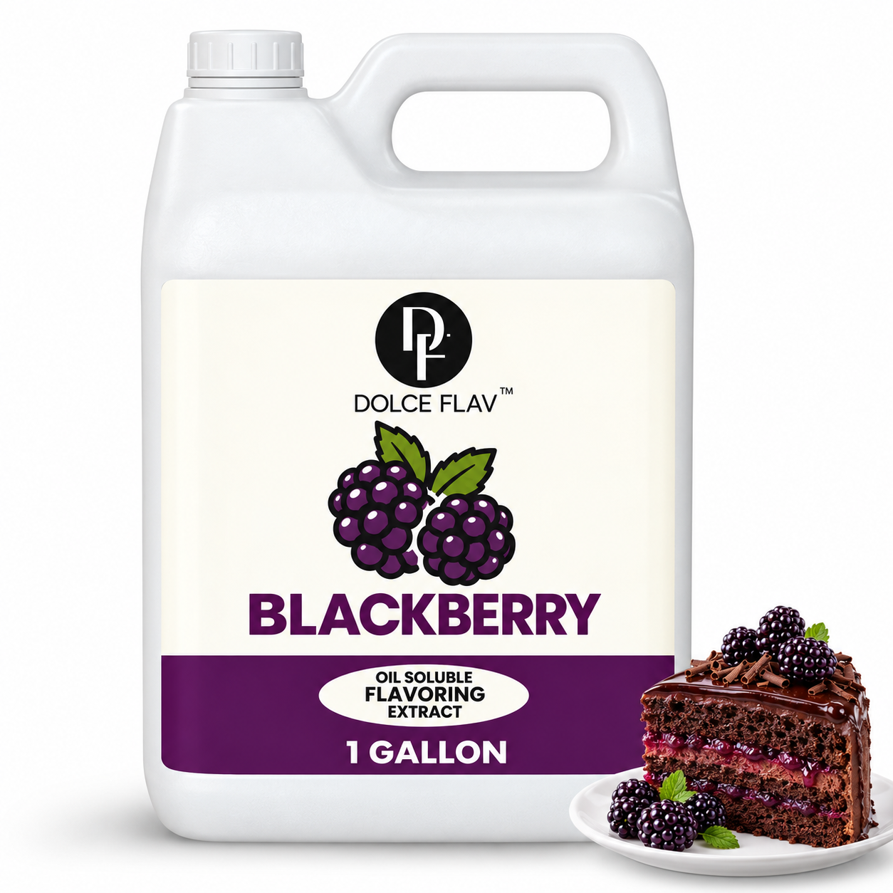 Dolce Flav oil-soluble blackberry flavoring — 1 gallon container with dessert.