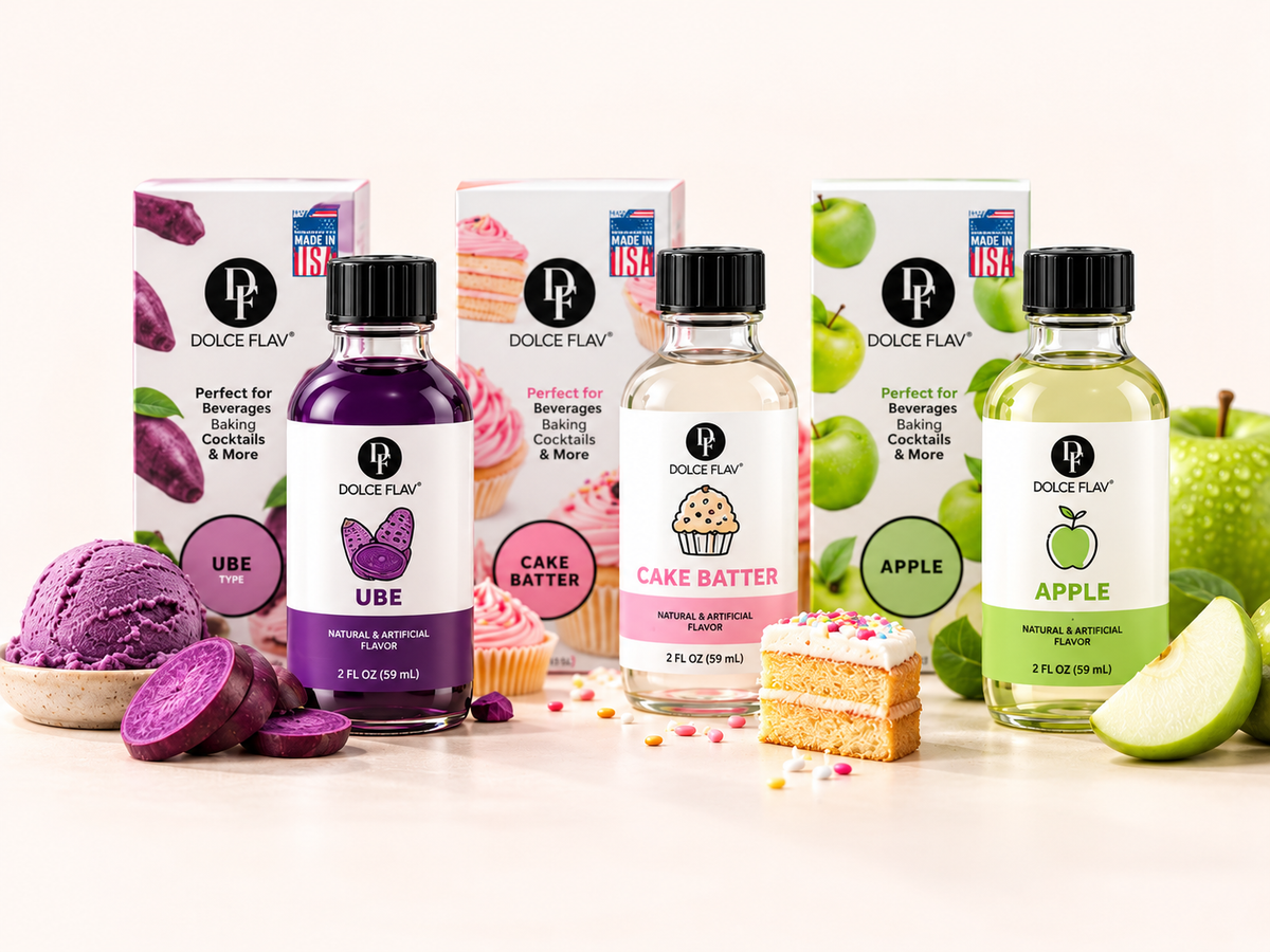 Dolce Flav ube, cake batter and apple flavors with matching desserts