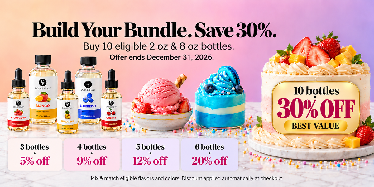 Build your bundle: buy 10 eligible 2 oz and 8 oz flavor and food color bottles and save 30%. Smaller quantity tiers remain available.