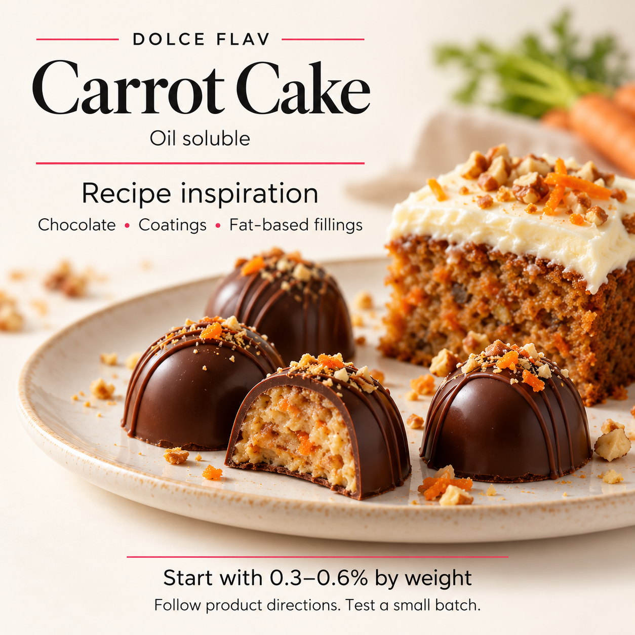 Carrot Cake oil-soluble flavoring recipe inspiration for chocolate, coatings and fat-based fillings; start with 0.3–0.6% by weight