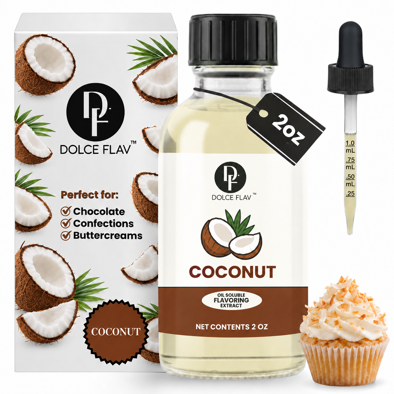 Dolce Flav oil-soluble coconut flavoring — 2 oz bottle with carton, dropper and dessert.