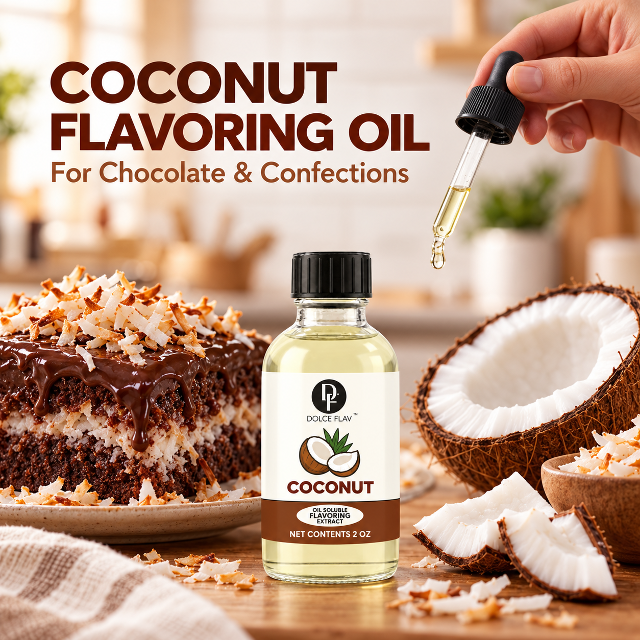 Dolce Flav oil-soluble coconut flavoring — bottle in a kitchen dessert scene.
