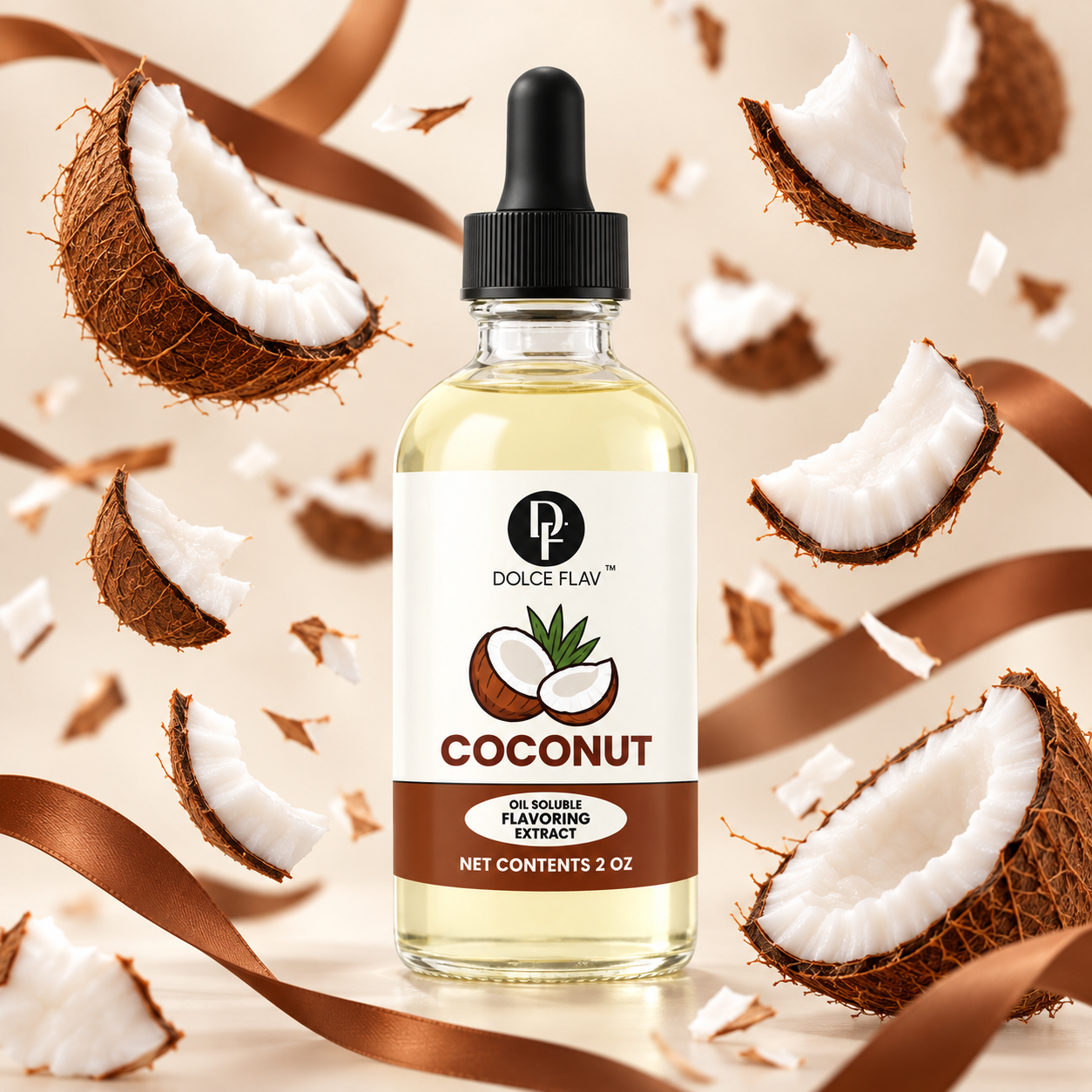 Dolce Flav oil-soluble coconut flavoring — 2 oz bottle in a flavor-themed product display.