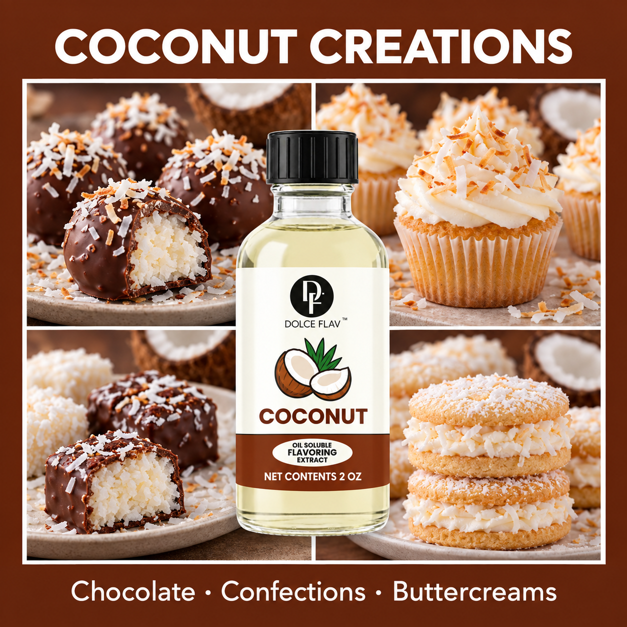 Dolce Flav oil-soluble coconut flavoring — bottle with chocolate and confectionery application ideas.
