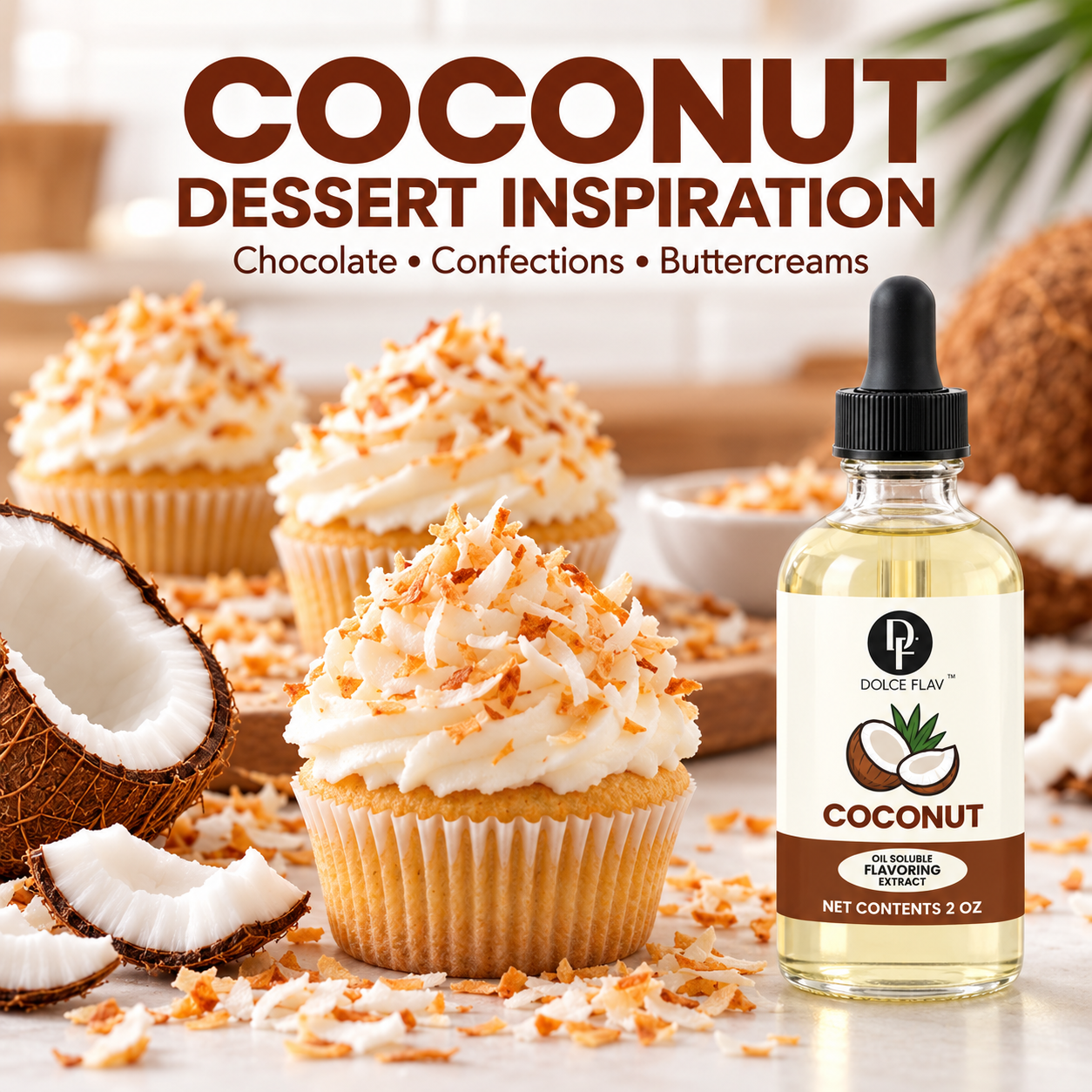 Dolce Flav oil-soluble coconut flavoring — bottle with bakery dessert inspiration.