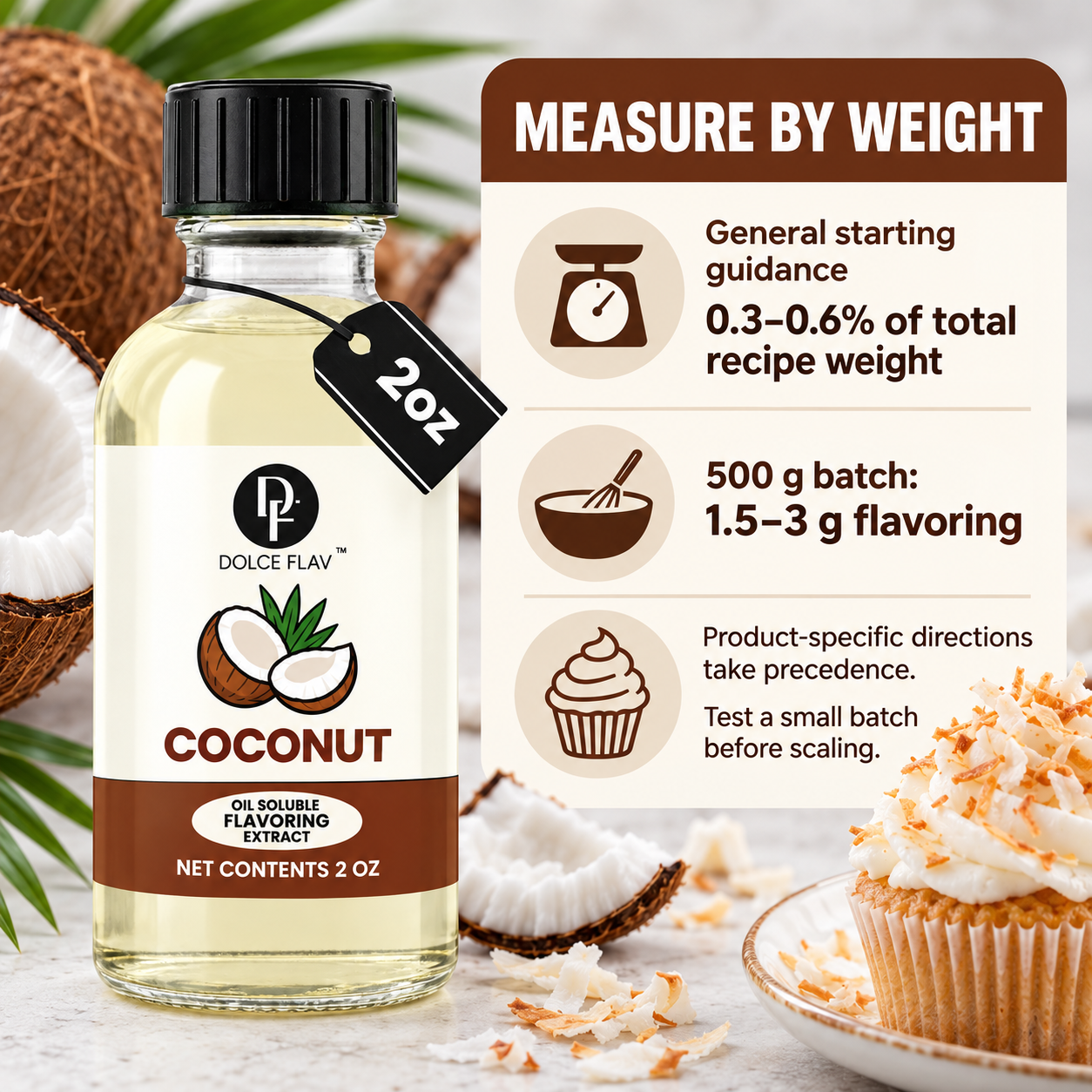 Dolce Flav oil-soluble coconut flavoring — usage guide: start at 0.3–0.6% of total recipe weight; product-specific directions take precedence.