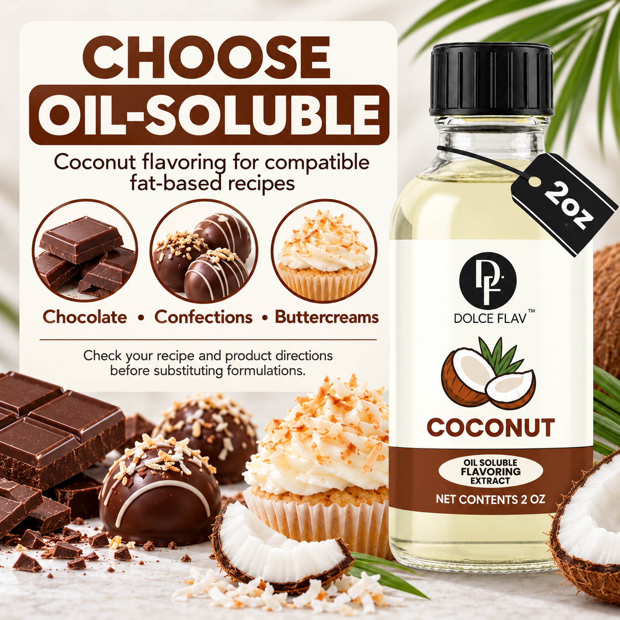 Dolce Flav oil-soluble coconut flavoring — guide to choosing oil-soluble flavoring for compatible recipes.
