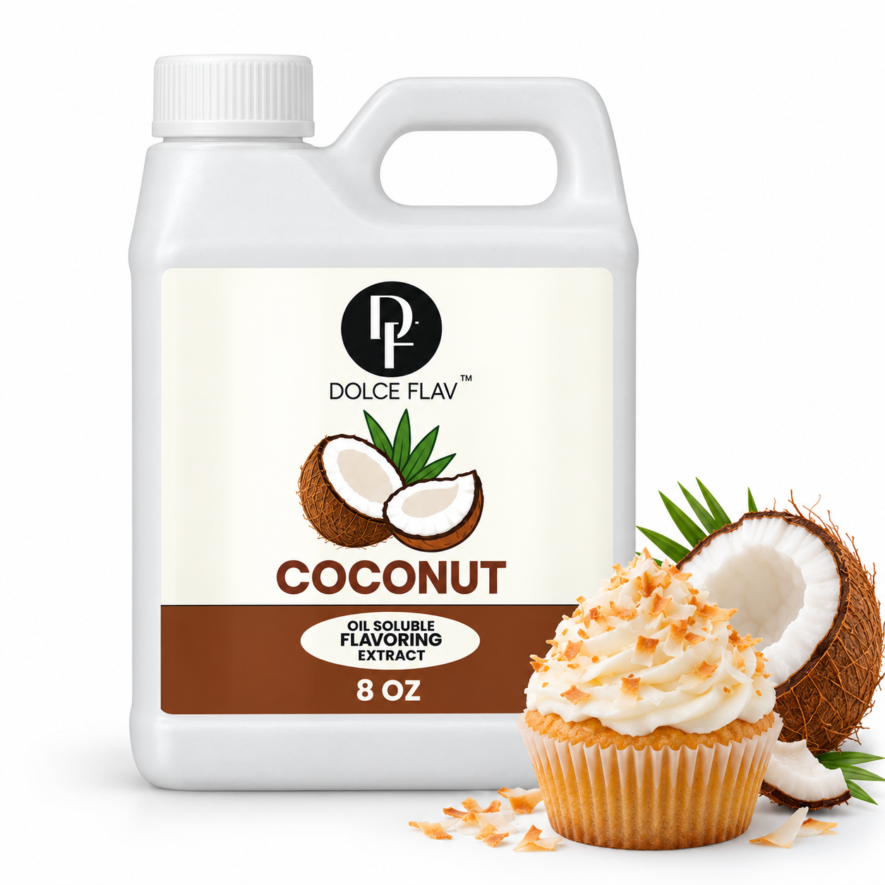 Dolce Flav oil-soluble coconut flavoring — 8 oz container with dessert.