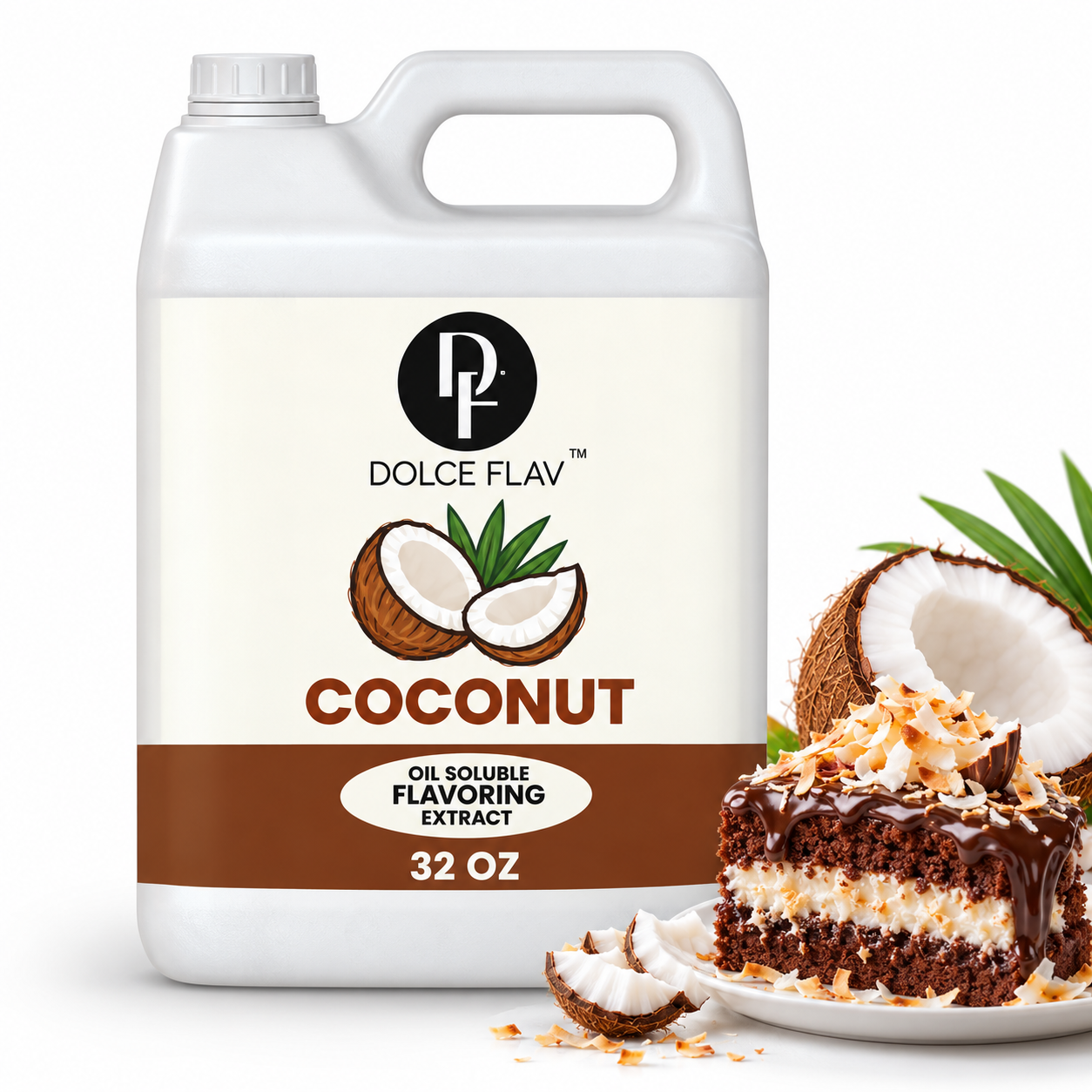 Dolce Flav oil-soluble coconut flavoring — 32 oz container with dessert.