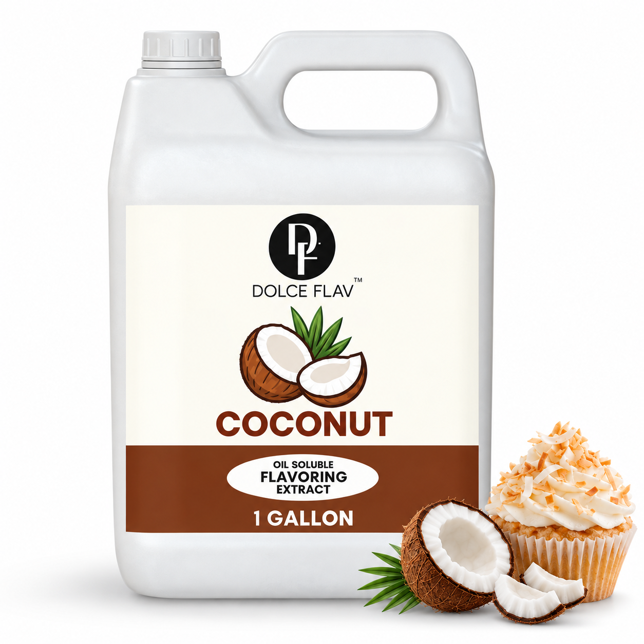 Dolce Flav oil-soluble coconut flavoring — 1 gallon container with dessert.