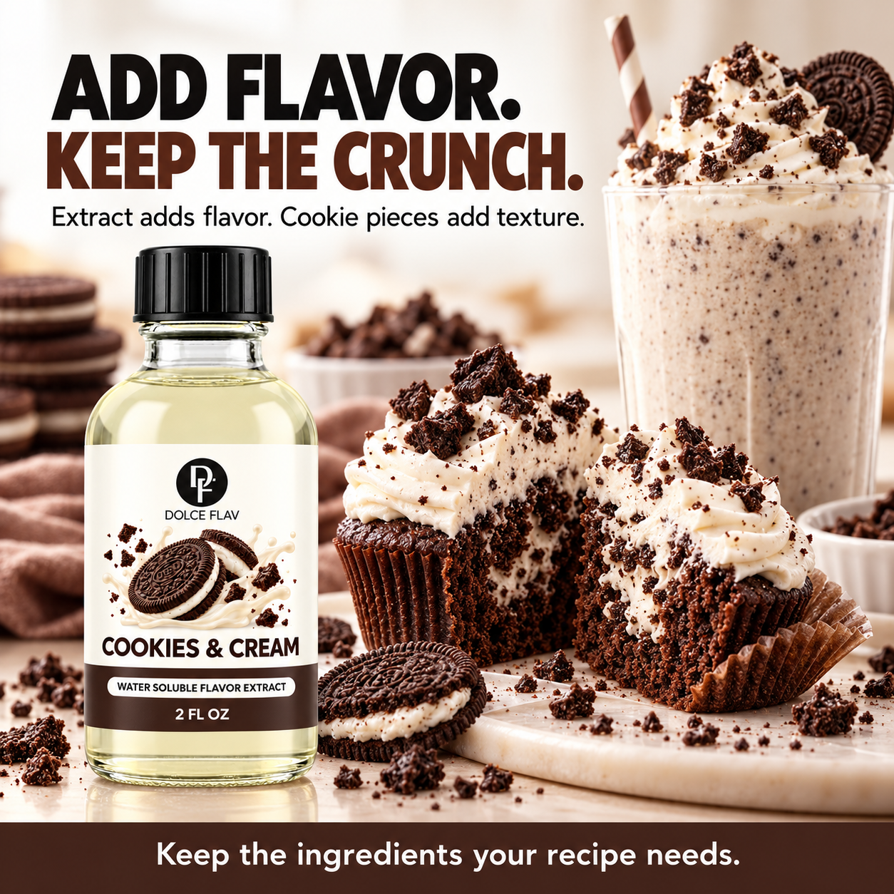 Cookies & Cream extract with milkshake and cupcakes; extract adds flavor while cookie pieces add texture