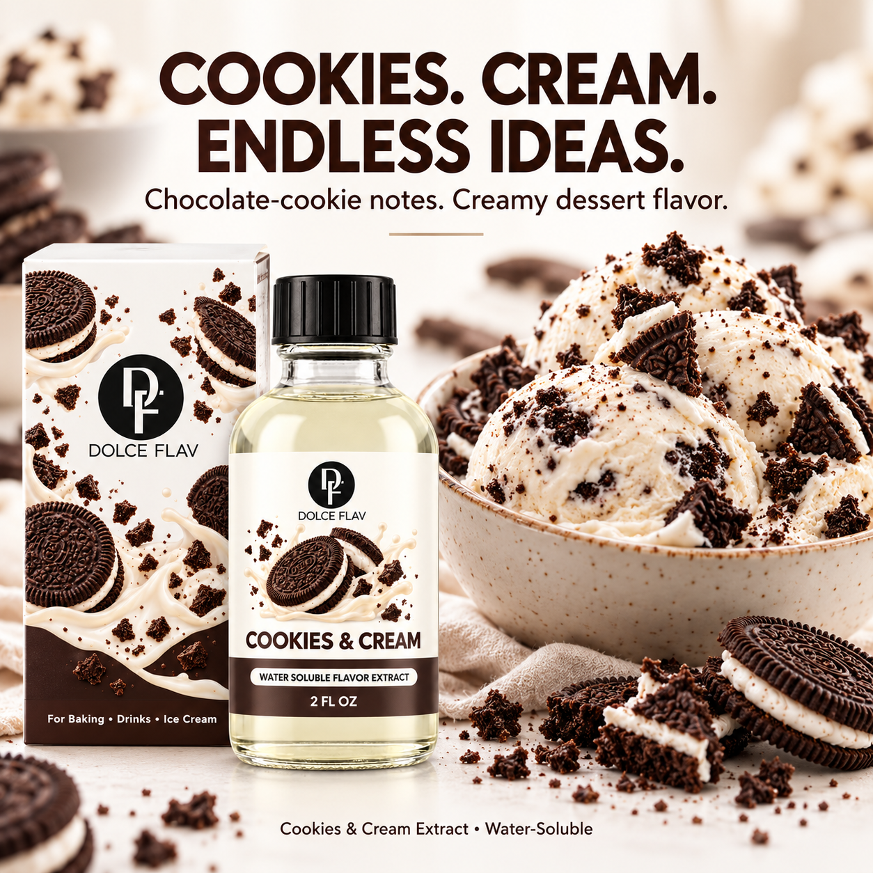 Dolce Flav Cookies & Cream flavor extract beside cookies-and-cream ice cream