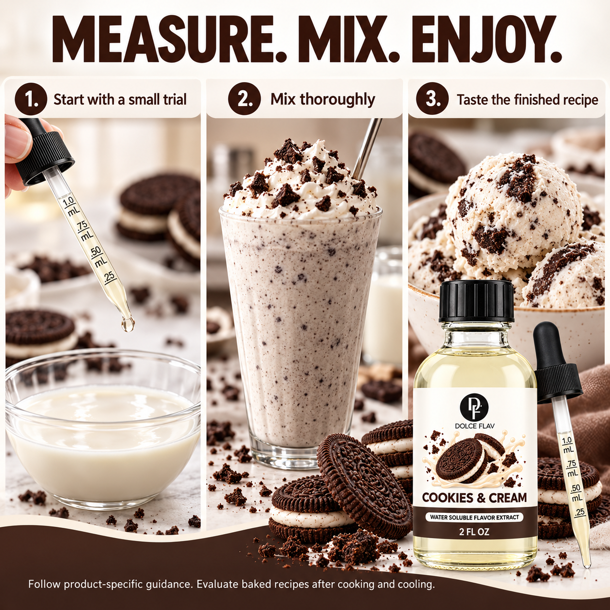 Cookies & Cream extract measuring, mixing and finished dessert guidance