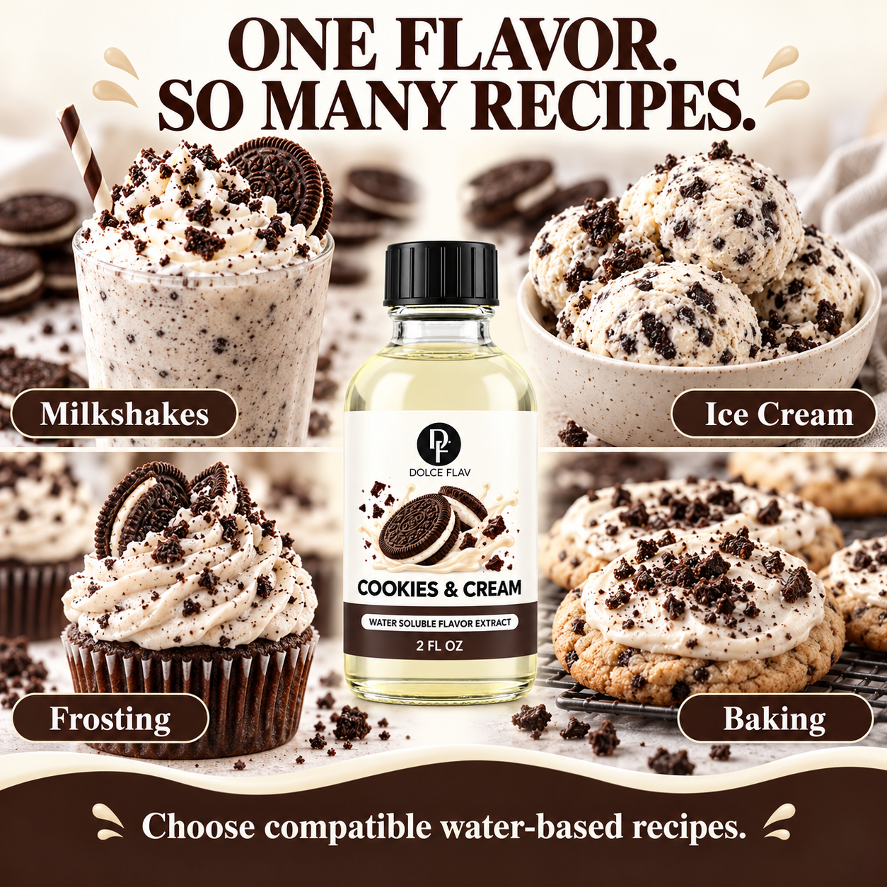 Cookies & Cream flavor extract recipe ideas for milkshakes, ice cream, frosting and baking