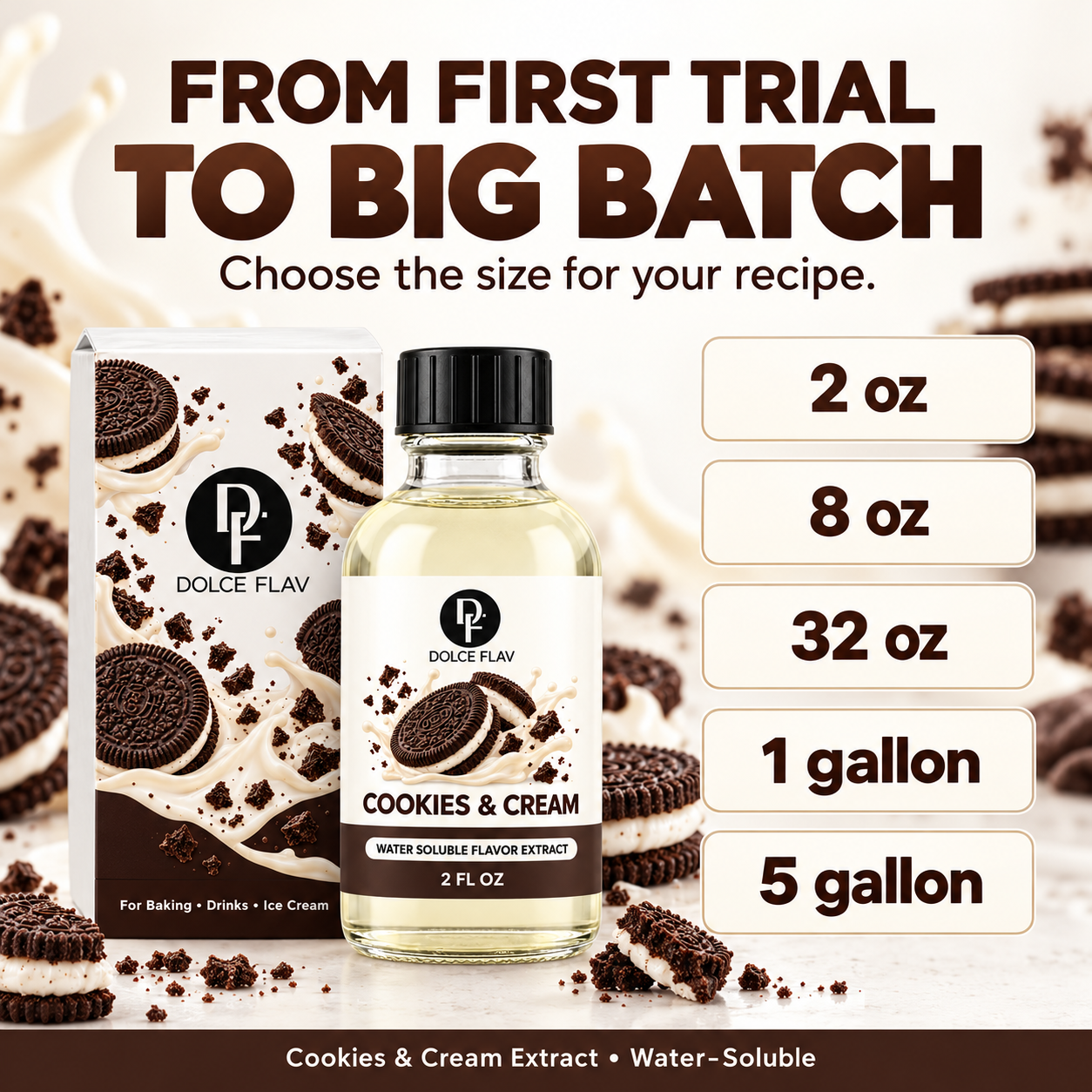Cookies & Cream extract size options: 2 oz, 8 oz, 32 oz, 1 gallon and 5 gallon