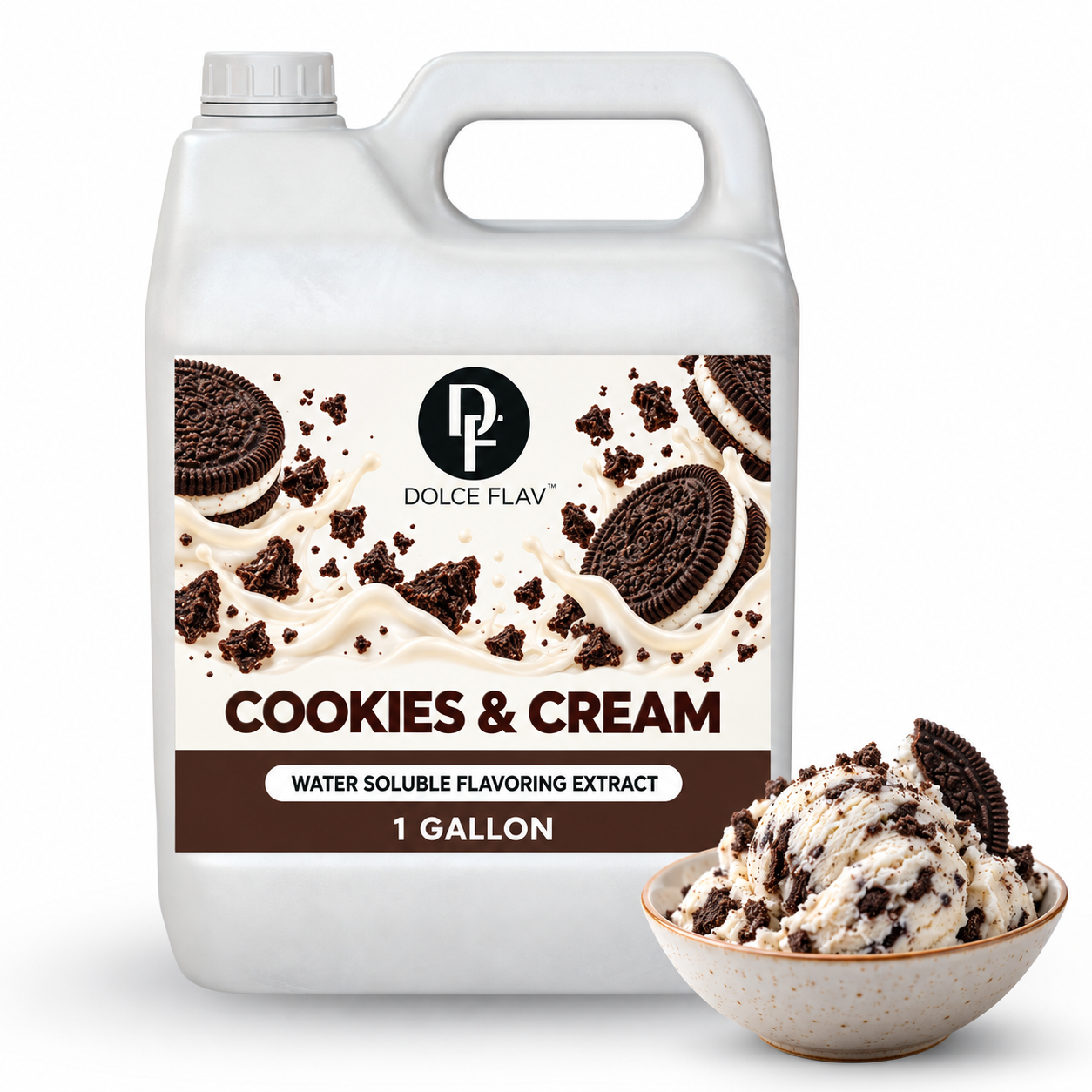 Dolce Flav Cookies & Cream — 1 gallon white F-style container
