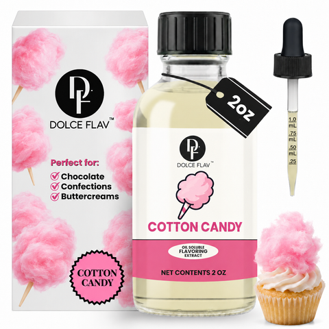 Dolce Flav oil-soluble cotton candy flavoring — 2 oz bottle with carton, dropper and dessert.