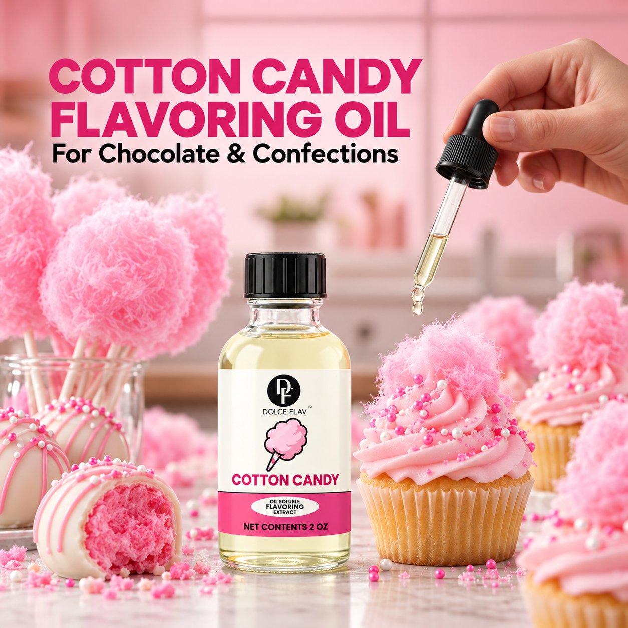 Dolce Flav oil-soluble cotton candy flavoring — bottle in a kitchen dessert scene.