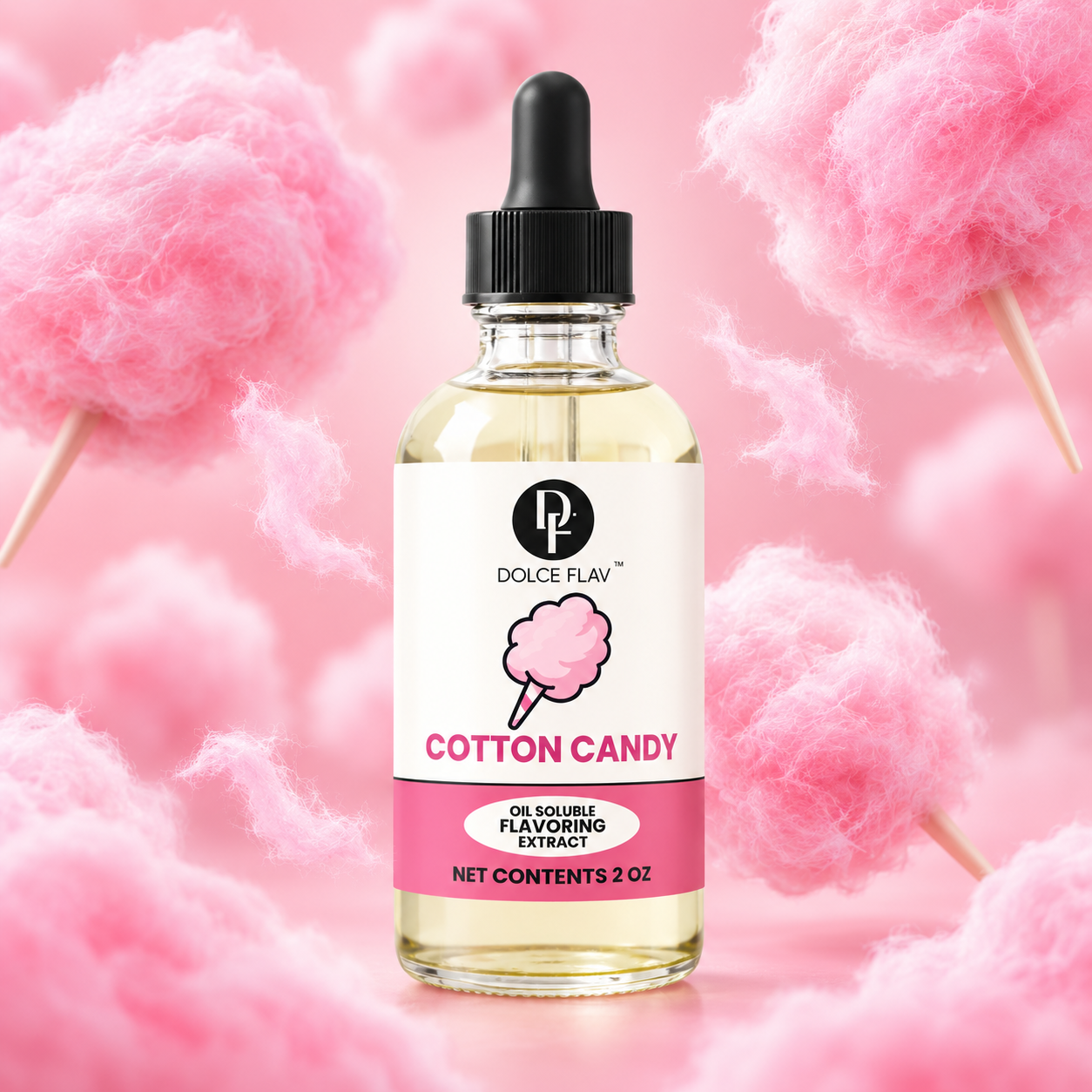 Dolce Flav oil-soluble cotton candy flavoring — 2 oz bottle in a flavor-themed product display.