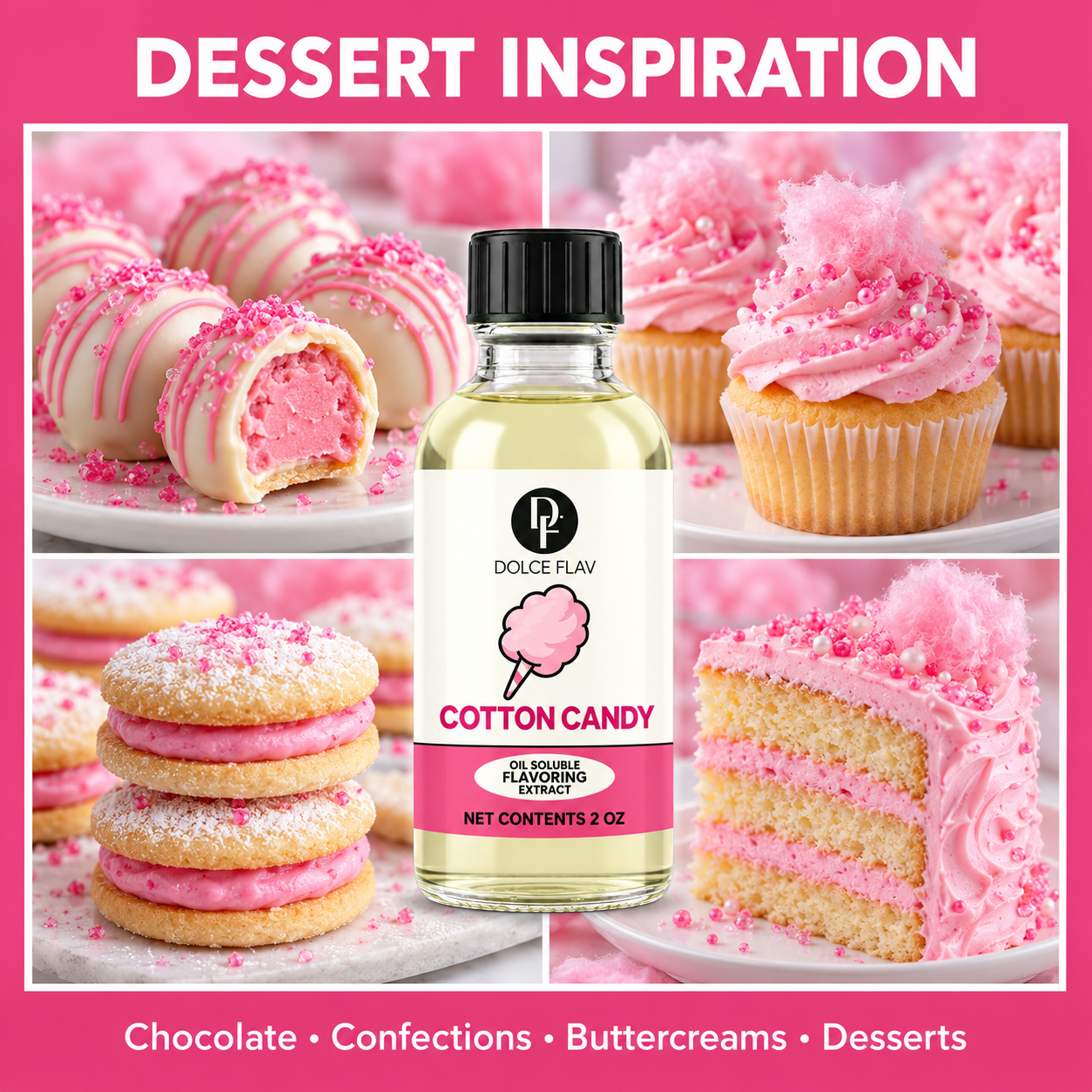Dolce Flav oil-soluble cotton candy flavoring — bottle with chocolate and confectionery application ideas.