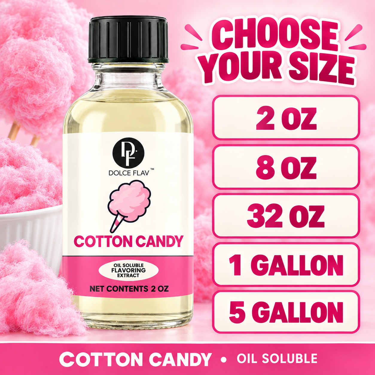 Dolce Flav oil-soluble cotton candy flavoring — size guide showing 2 oz, 8 oz, 32 oz, 1 gallon and 5 gallon options.