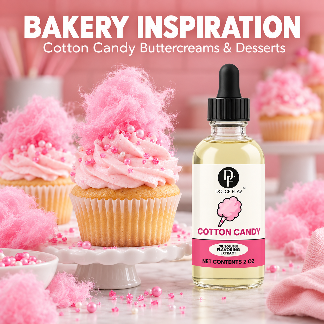 Dolce Flav oil-soluble cotton candy flavoring — bottle with bakery dessert inspiration.