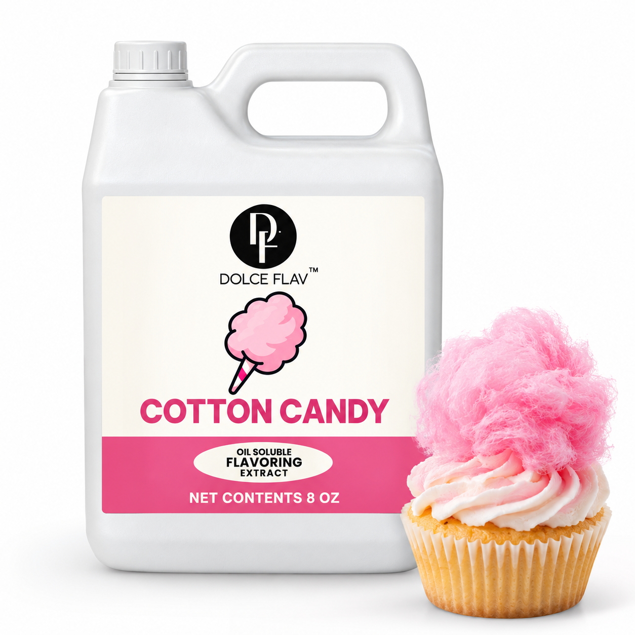 Dolce Flav oil-soluble cotton candy flavoring — 8 oz container with dessert.